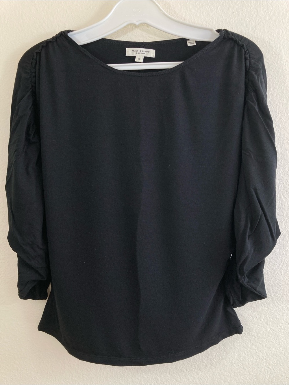 Max Studio Black Ruched Dolman 3/4 Sleeve Boatneck Top Size S